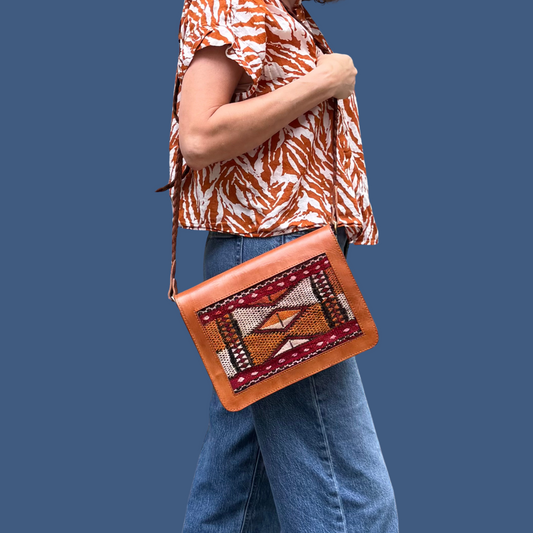 Leather & Kilim Crossbody Bag – Handmade in Morocco from Full-Grain Vegetable-Tanned Leather