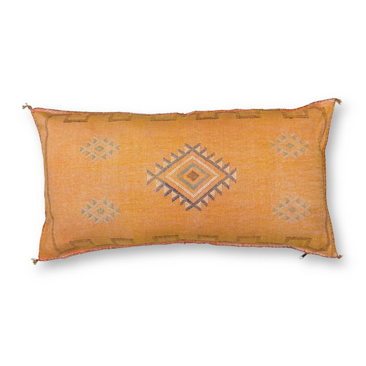 Gold-Peach Large Sabra Cactus Silk Lumbar Pillow | Handwoven in Morocco