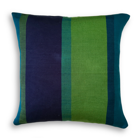 Handwoven Color Block & Hemp Pillow - Navy & Green