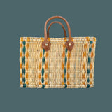 Structured Moroccan Market Basket Tote with Leather Handles with Accent Colors