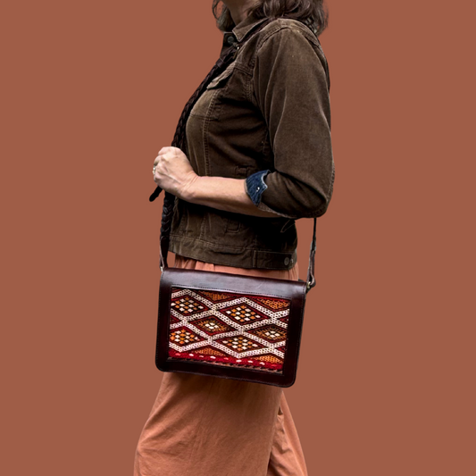 Leather & Kilim Crossbody Bag – Handmade in Morocco from Full-Grain Vegetable-Tanned Leather