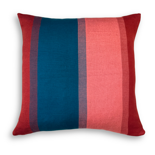 Handwoven Color Block & Hemp Pillow - Light Terra Cotta & Blue