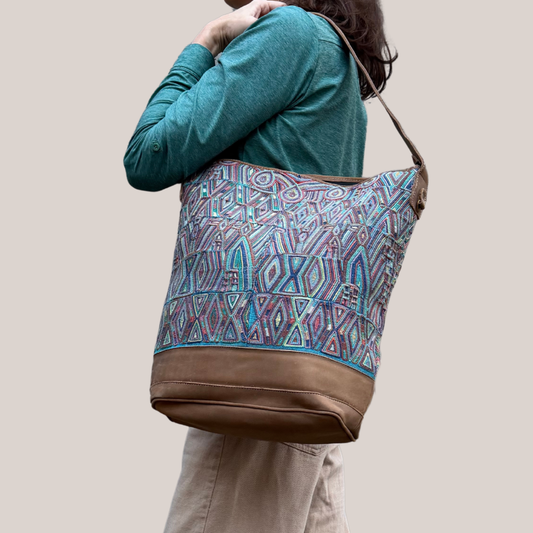 Huipil Bucket Bag - Handcrafted Vintage Mayan Textile & Leather Tote