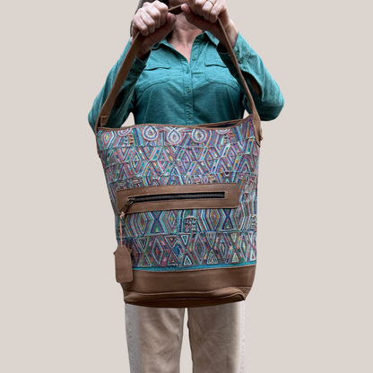 Huipil Bucket Bag - Handcrafted Vintage Mayan Textile & Leather Tote