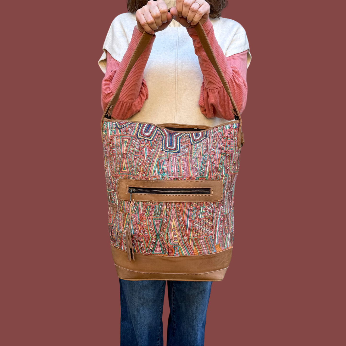 Huipil Bucket Bag - Handcrafted Vintage Mayan Textile & Leather Tote