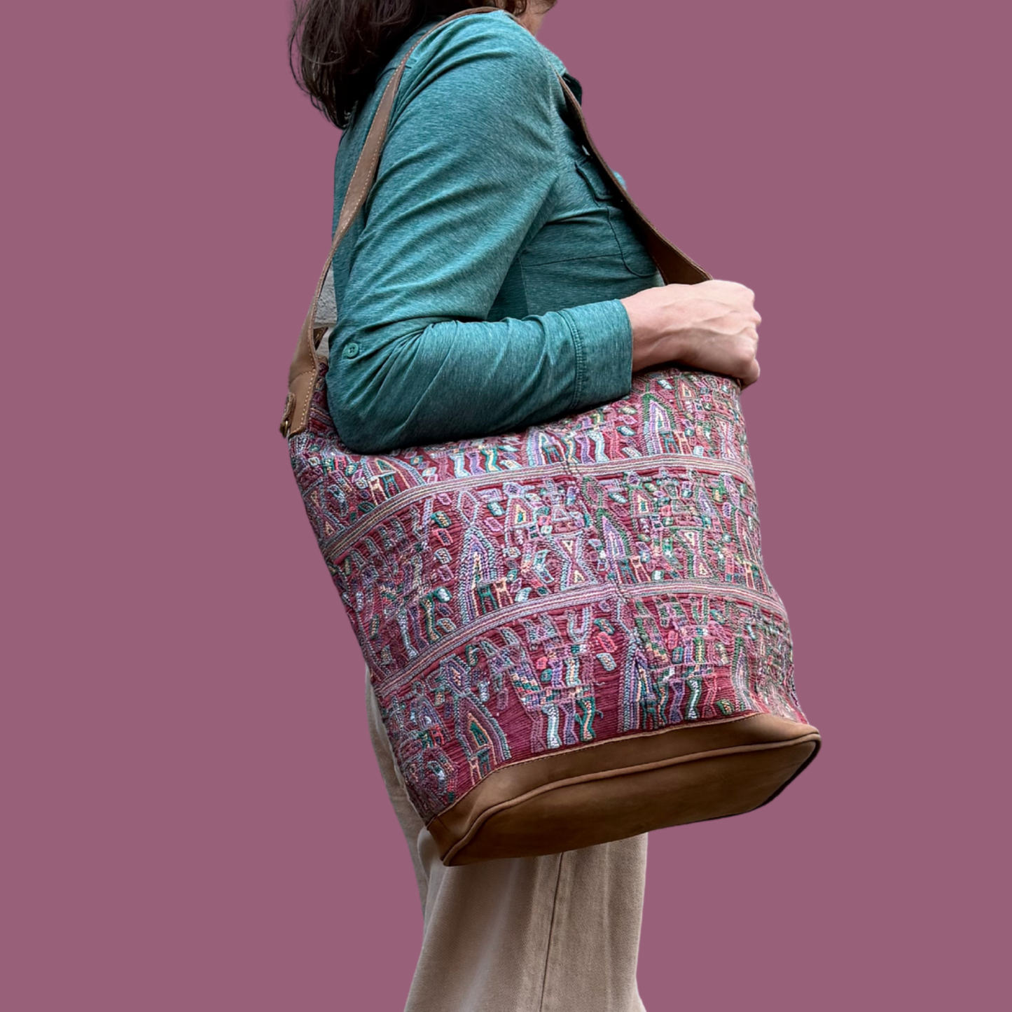 Huipil Bucket Bag - Handcrafted Vintage Mayan Textile & Leather Tote
