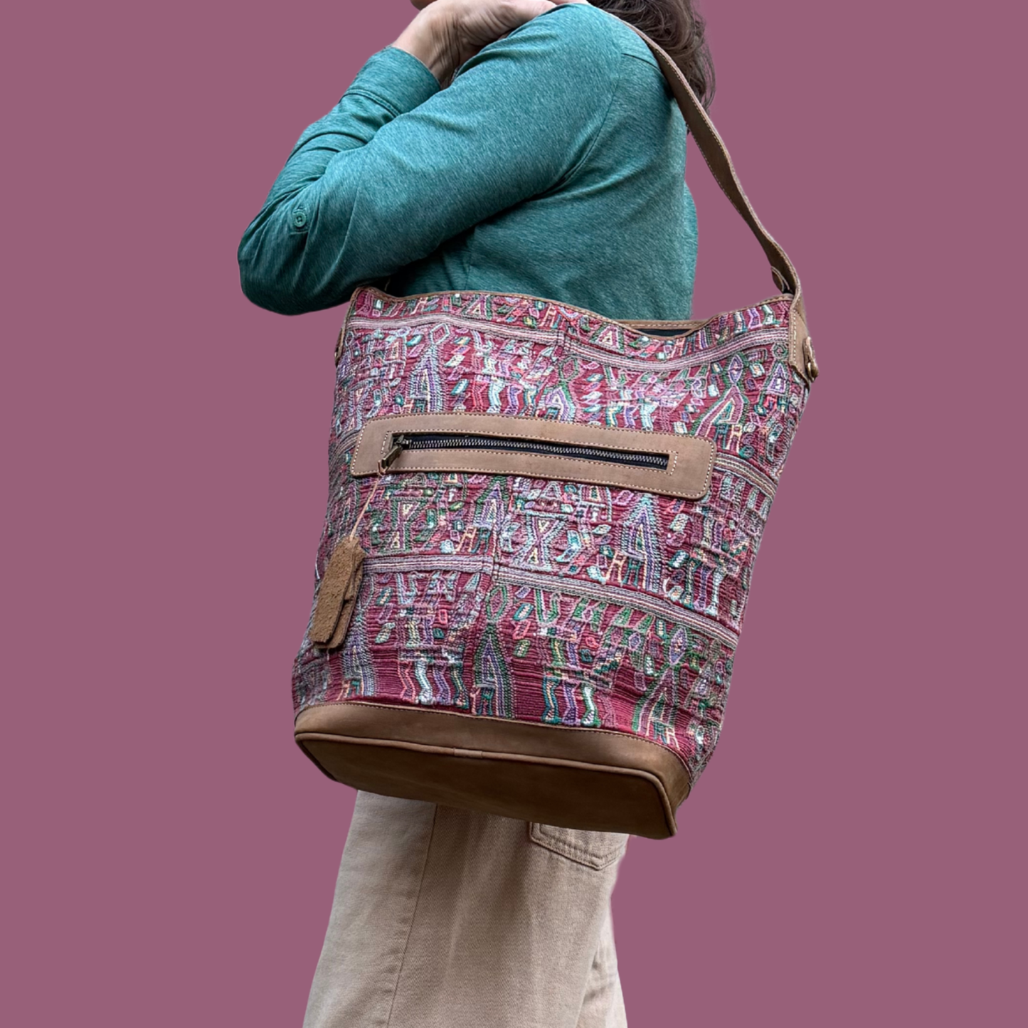 Huipil Bucket Bag - Handcrafted Vintage Mayan Textile & Leather Tote