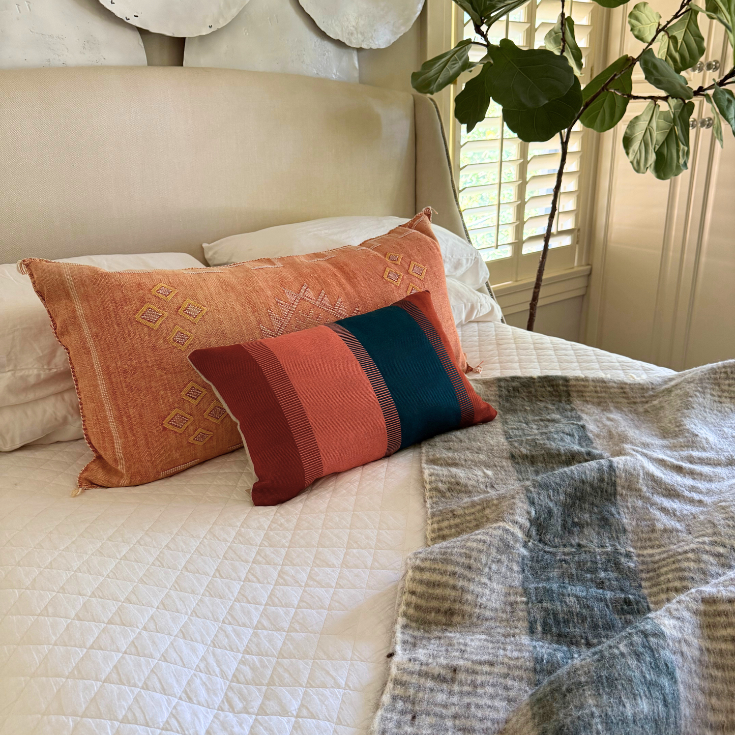 Handwoven Color Block & Hemp Pillow - Light Terra Cotta & Blue