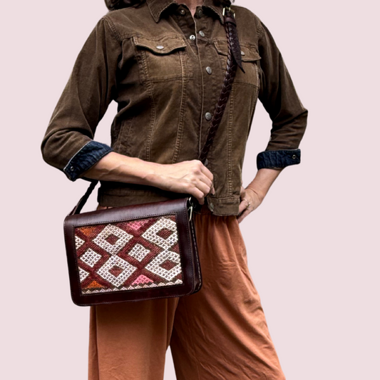Leather & Kilim Crossbody Bag – Handmade in Morocco from Full-Grain Vegetable-Tanned Leather