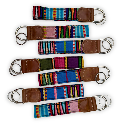 Handwoven Keychain with Leather | Upcycled Mayan Textile Key Fob