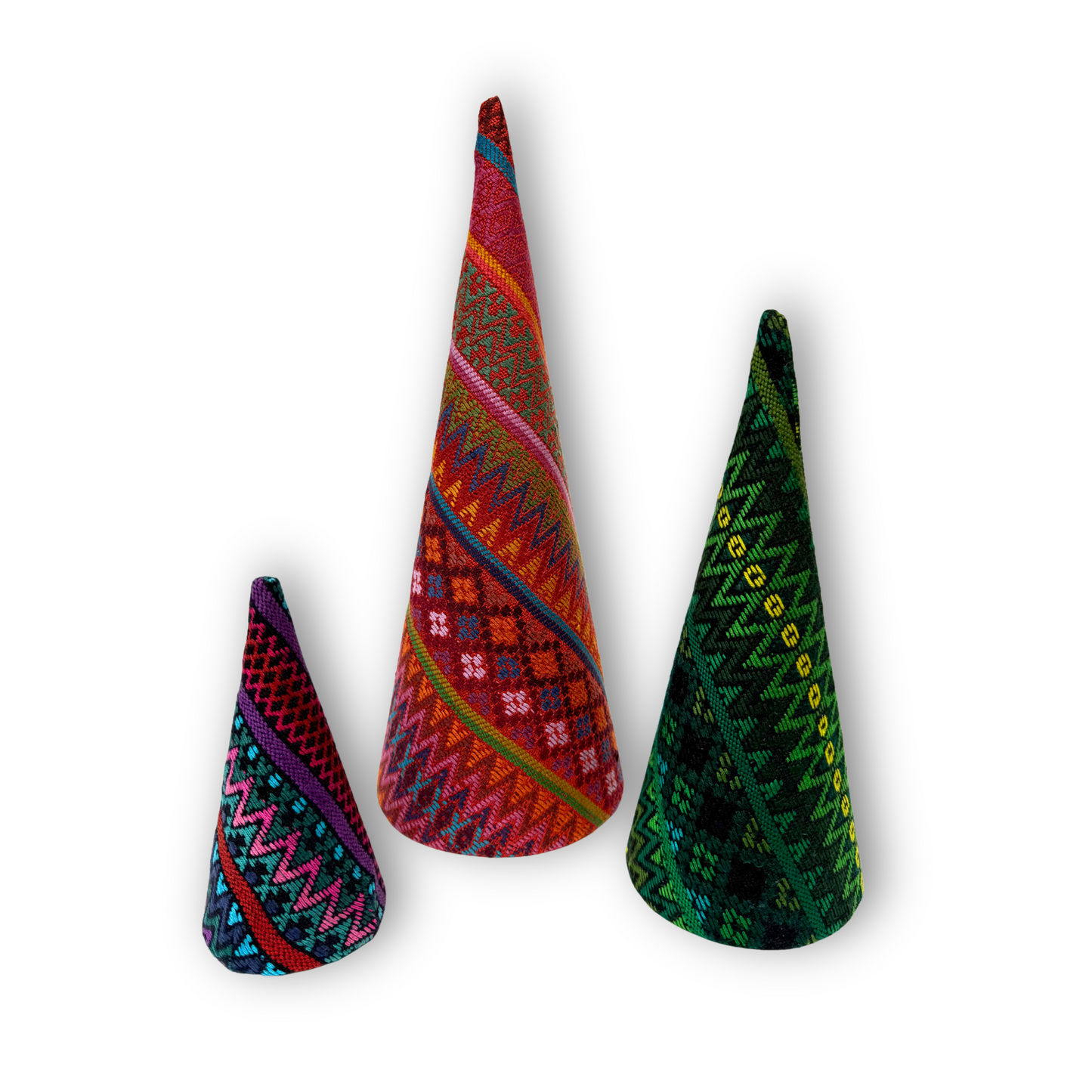 Colorful Handwoven Christmas Tree Set – Vintage Huipil Holiday Decor (Set of 3)