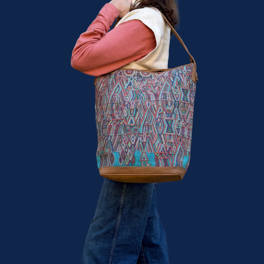 Huipil Bucket Bag - Handcrafted Vintage Mayan Textile & Leather Tote