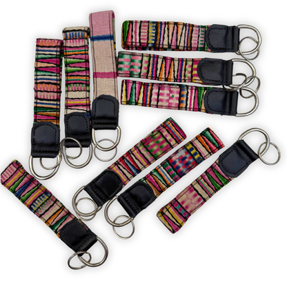 Handwoven Keychain with Leather | Upcycled Mayan Textile Key Fob