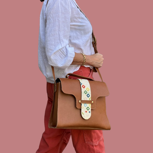 Leather Handbag with Huipil Accent