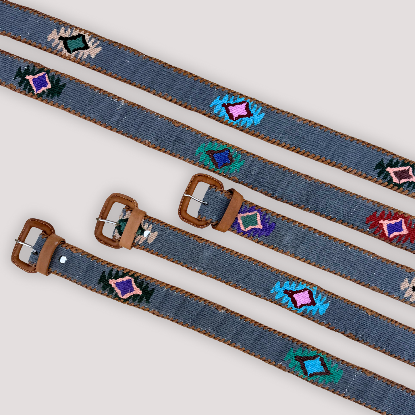 Light Denim-Colored (Blue-Grey) Handwoven Guatemalan Whip-Stitched Belt