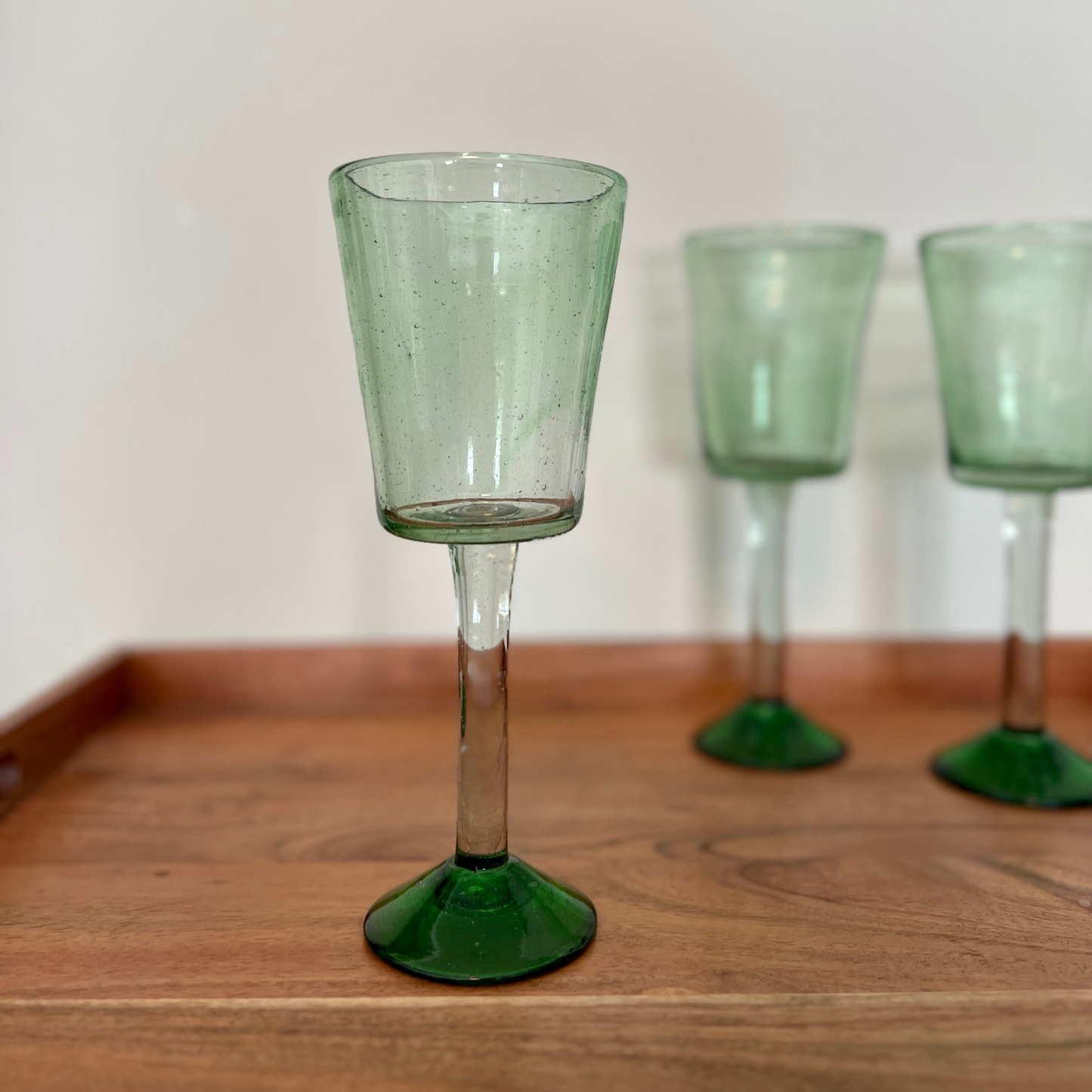 Handblown Green Wine Glasses, Set of 2