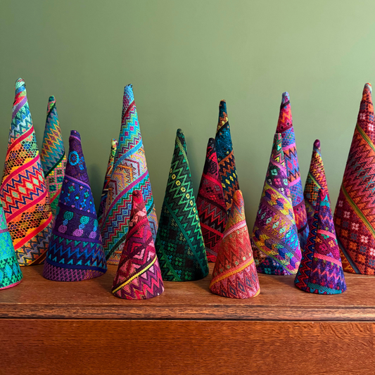 Colorful Handwoven Christmas Tree Set – Vintage Huipil Holiday Decor (Set of 3)