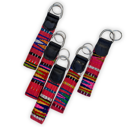 Handwoven Keychain with Leather | Upcycled Mayan Textile Key Fob