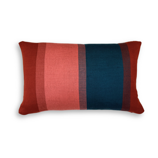Handwoven Color Block & Hemp Pillow - Light Terra Cotta & Blue