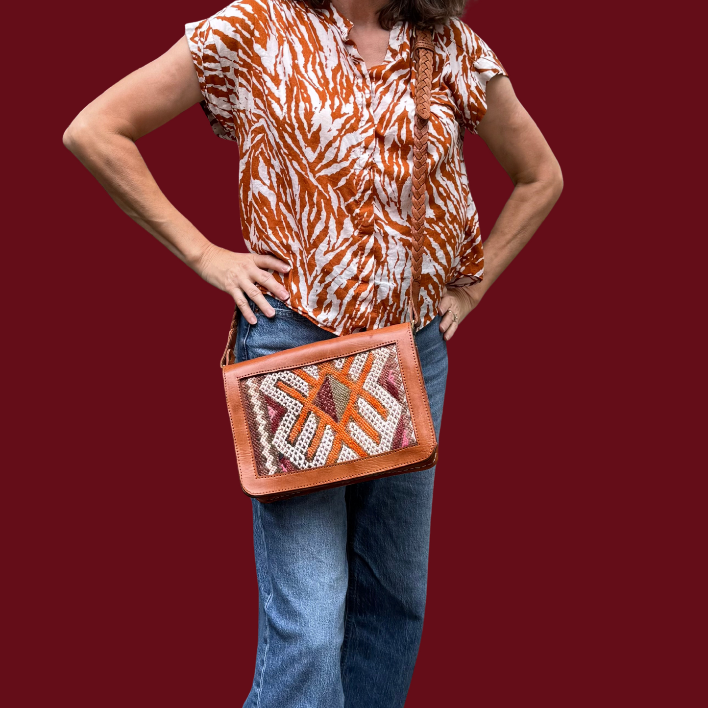 Leather & Kilim Crossbody Bag – Handmade in Morocco from Full-Grain Vegetable-Tanned Leather