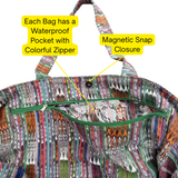 Colorful bag with waterproof pocket and magnetic snap closure features highlighted.