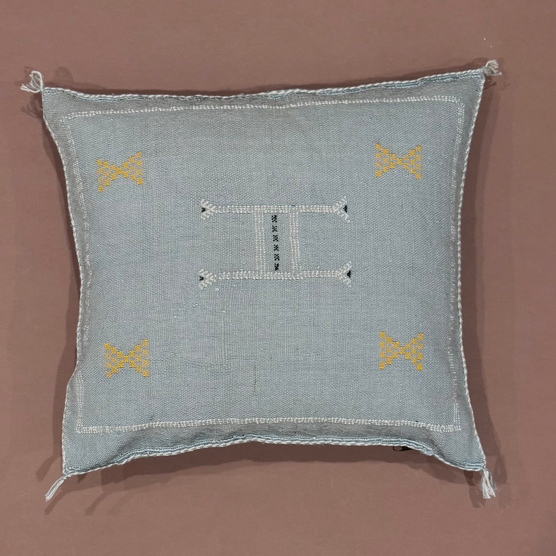 Blue-Grey_Sabra_Cactus_Silk_Pillow_Cover_-Gold_Accents - Handwoven in Morocco