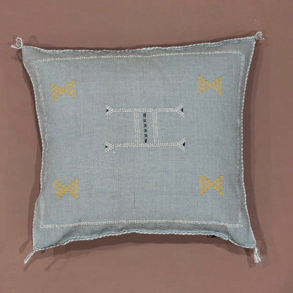 Blue-Grey_Sabra_Cactus_Silk_Pillow_Cover_-Gold_Accents - Handwoven in Morocco