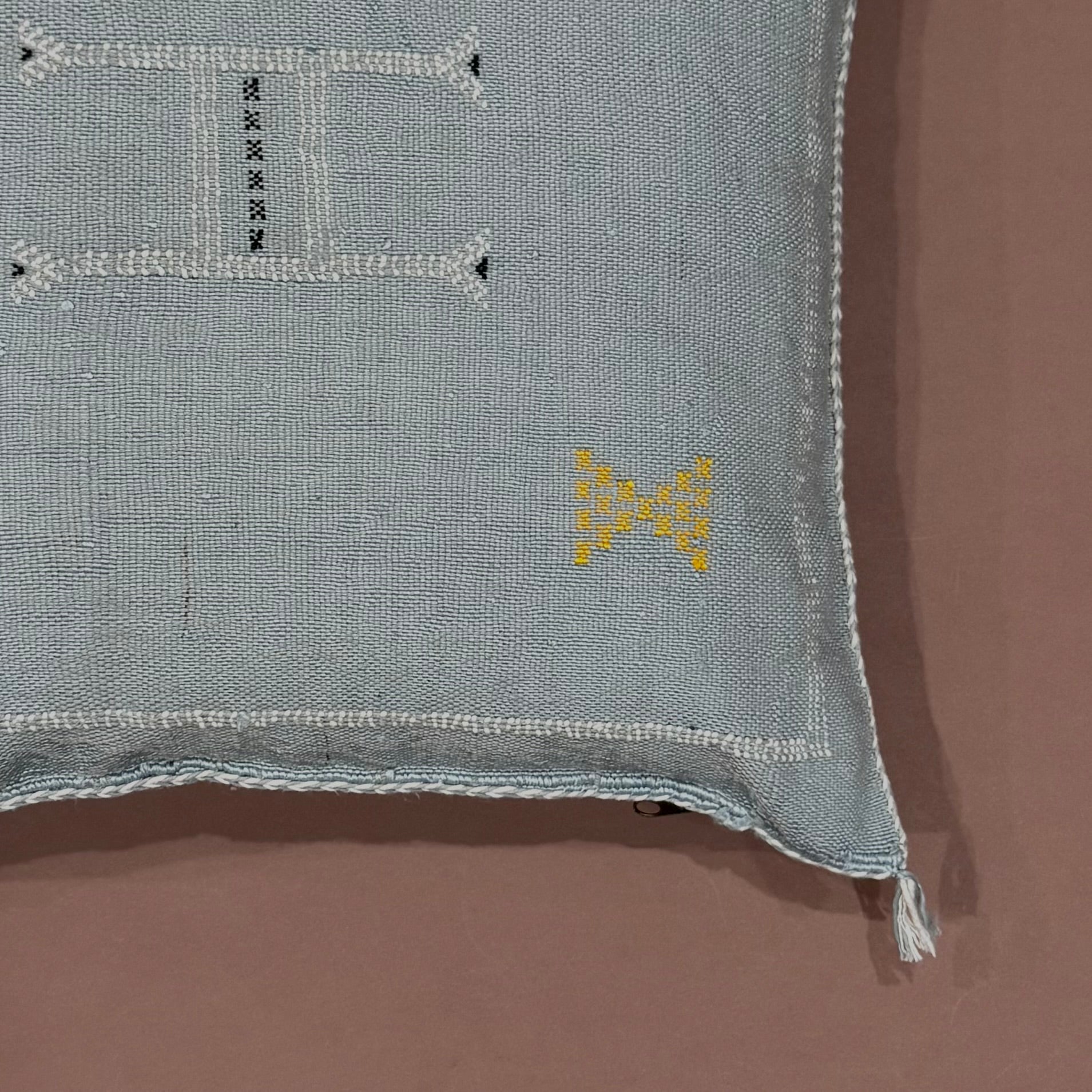 Blue-Grey_Sabra_Cactus_Silk_Pillow_Cover_-Gold_Accents - Handwoven in Morocco