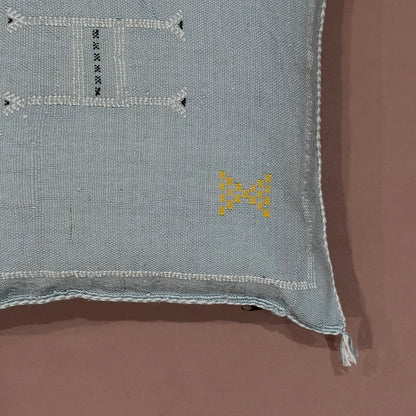 Blue-Grey_Sabra_Cactus_Silk_Pillow_Cover_-Gold_Accents - Handwoven in Morocco