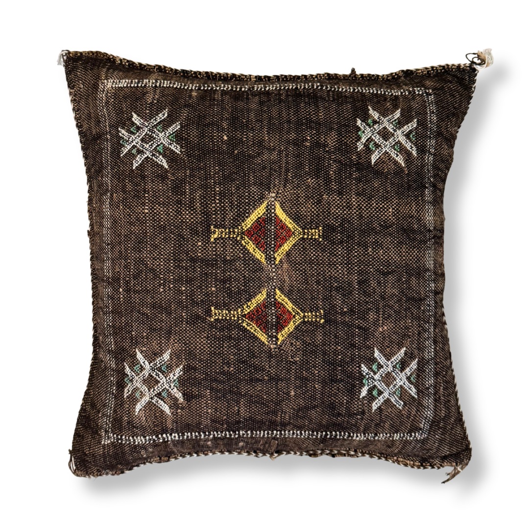 Dark Brown Sabra Cactus Silk Kilim Pillow Cover | Handwoven Moroccan Home Decor