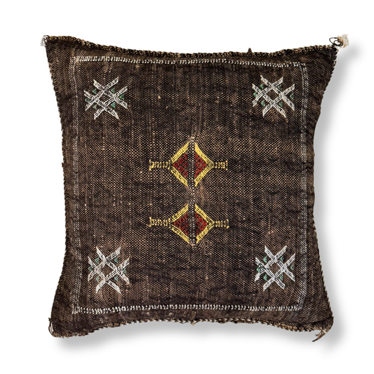 Dark Brown Sabra Cactus Silk Kilim Pillow Cover | Handwoven Moroccan Home Decor