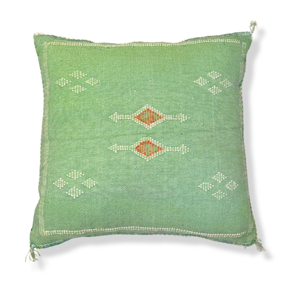 Green Sabra Cactus Silk Kilim Pillow Cover | Handwoven Moroccan Home Decor