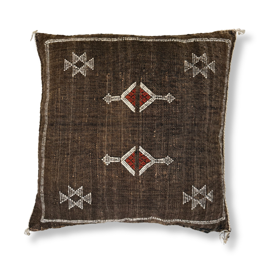 Dark Brown Sabra Cactus Silk Kilim Pillow Cover | Handwoven Moroccan Home Decor