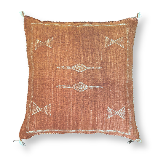 Dark Terracotta Sabra Cactus Silk Kilim Pillow Cover | Handwoven Moroccan Home Decor