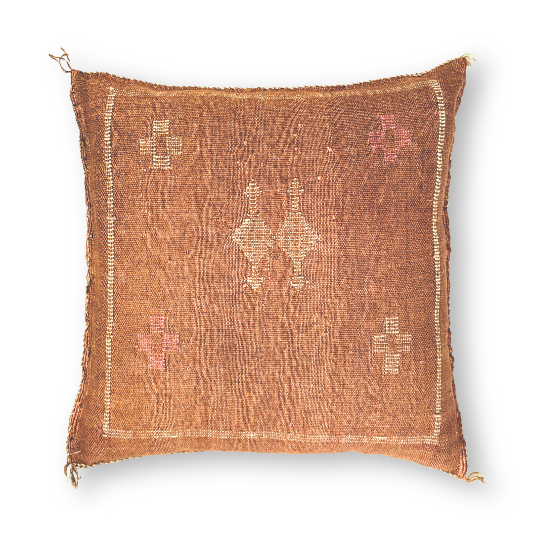 Dark Terracotta Sabra Cactus Silk Kilim Pillow Cover | Handwoven Moroccan Home Decor