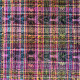 A close-up of a multicolor plaid fabric pattern with pink, purple, blue, yellow, green, and black stripes in a textured, woven look.