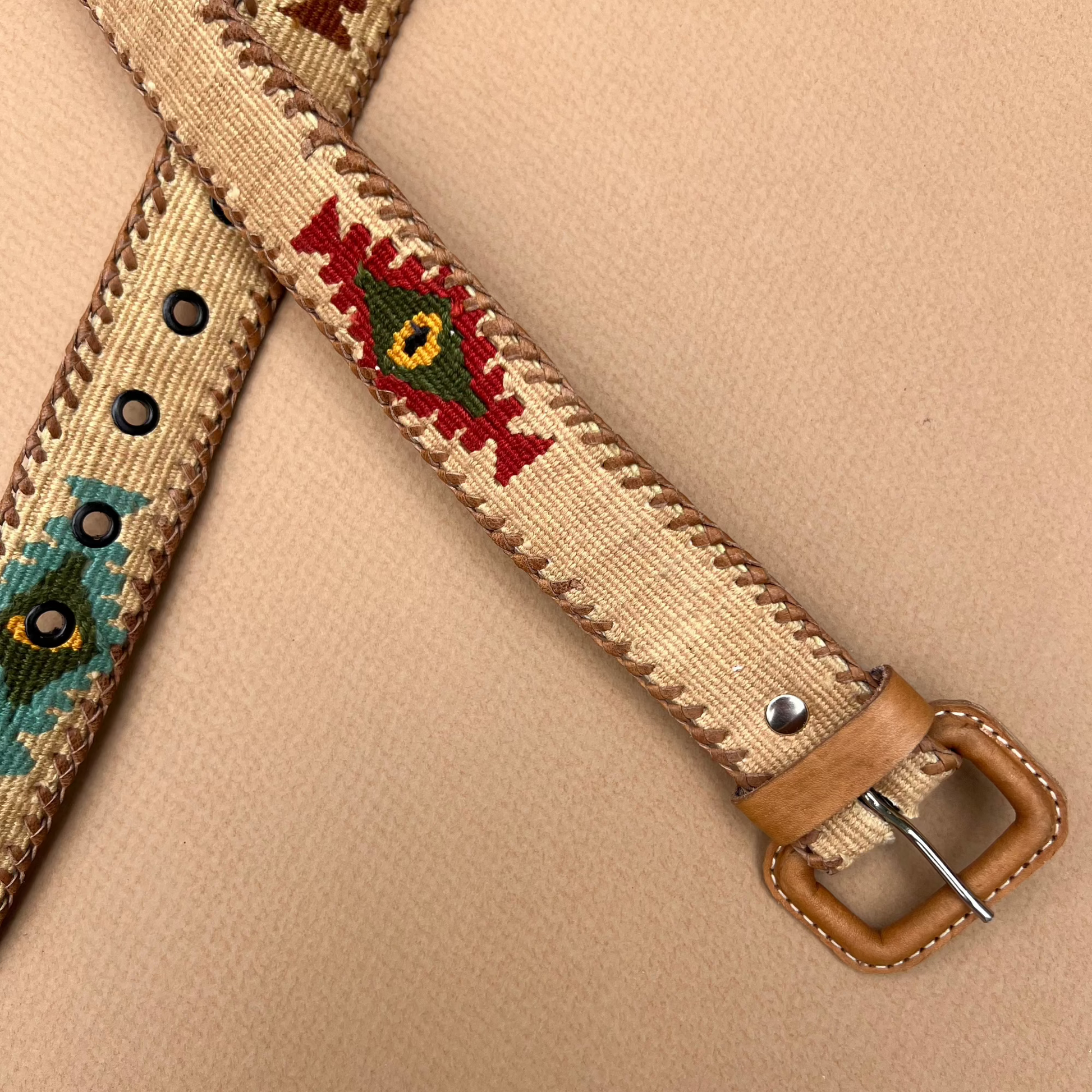Cream Handwoven Guatemalan Whip-Stitched Belt - close up