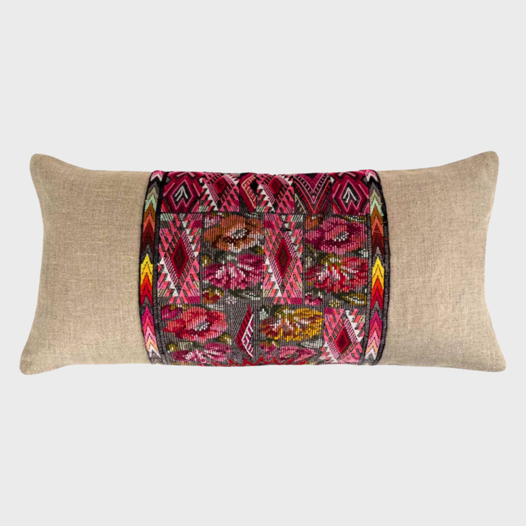 Red Multicolor Stripe Huipil and Hemp Pillow on a light gray background - Intertwined: Handmade for Good