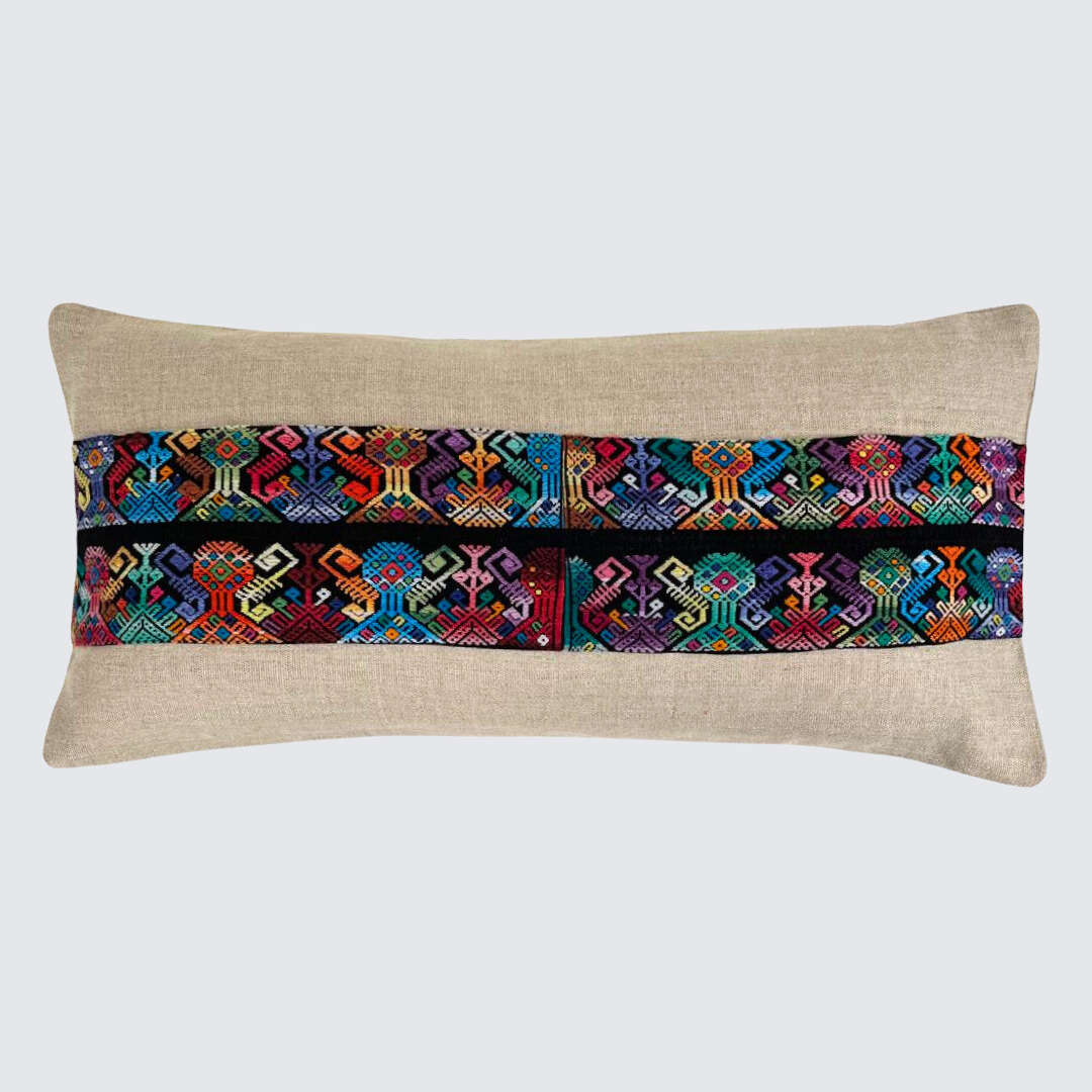 Huipil and Hemp Lumbar Pillow with multicolor stripe accent on light gray background - Intertwined: Handmade for Good