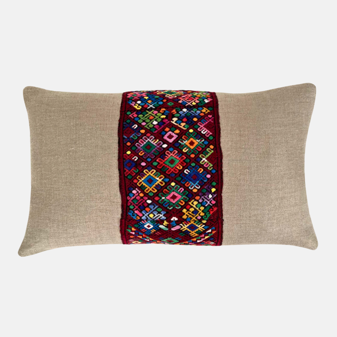 Multicolor Huipil and Hemp Pillow with Accent Stripe on light gray background - Intertwined: Handmade for Good