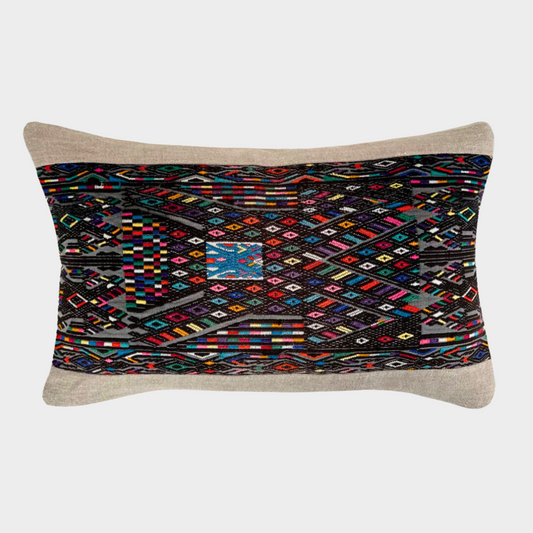 Black multicolor Huipil and Hemp Pillow on light gray background - Intertwined: Handmade for Good