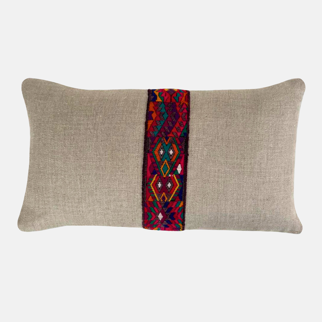 Hemp pillow with vertical multicolor accent stripe on light gray background - Intertwined: Handmade for Good