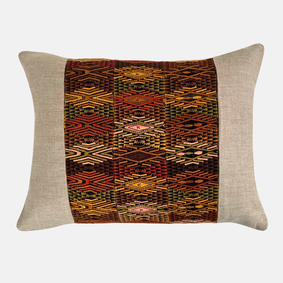 Brown Accent Huipil and Hemp Pillow on a light gray background - Intertwined: Handmade for Good