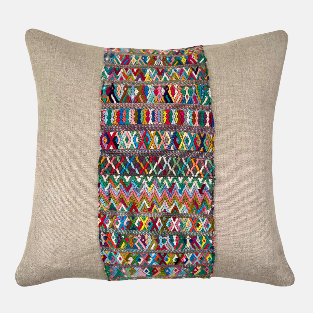 Multicolor Huipil and Hemp pillow on a light gray background - Intertwined: Handmade for Good