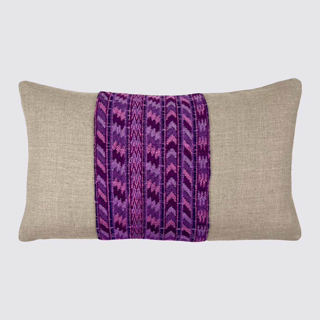 Hemp lumbar pillow with purple huipil stripe section down middle - Intertwined: Handmade for Good