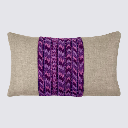 Hemp lumbar pillow with purple huipil stripe section down middle - Intertwined: Handmade for Good
