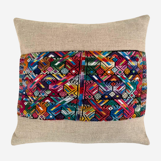 Multicolor huipil and hemp pillow on light gray background - Intertwined: Handmade for Good