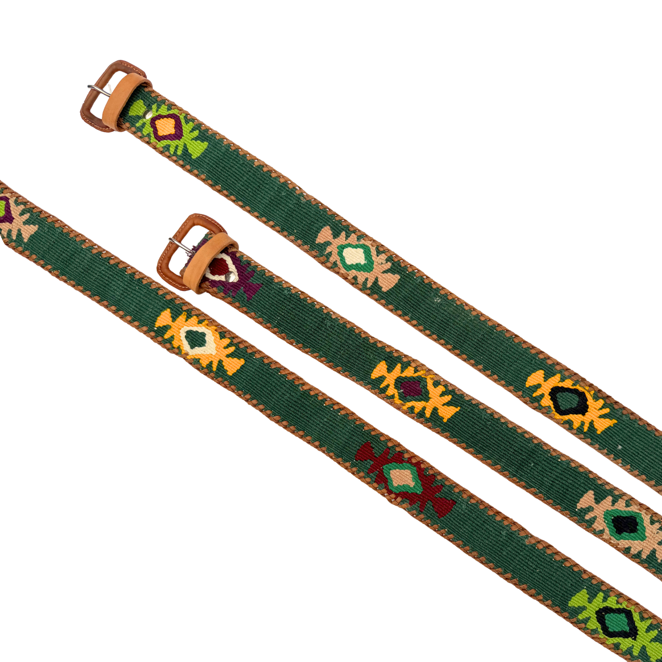 Green belt with decorative patterns and brown buckle on a white background