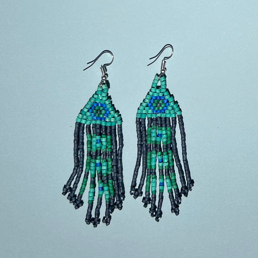 Ceramic Bead Earrings - Blue-Green Fringe