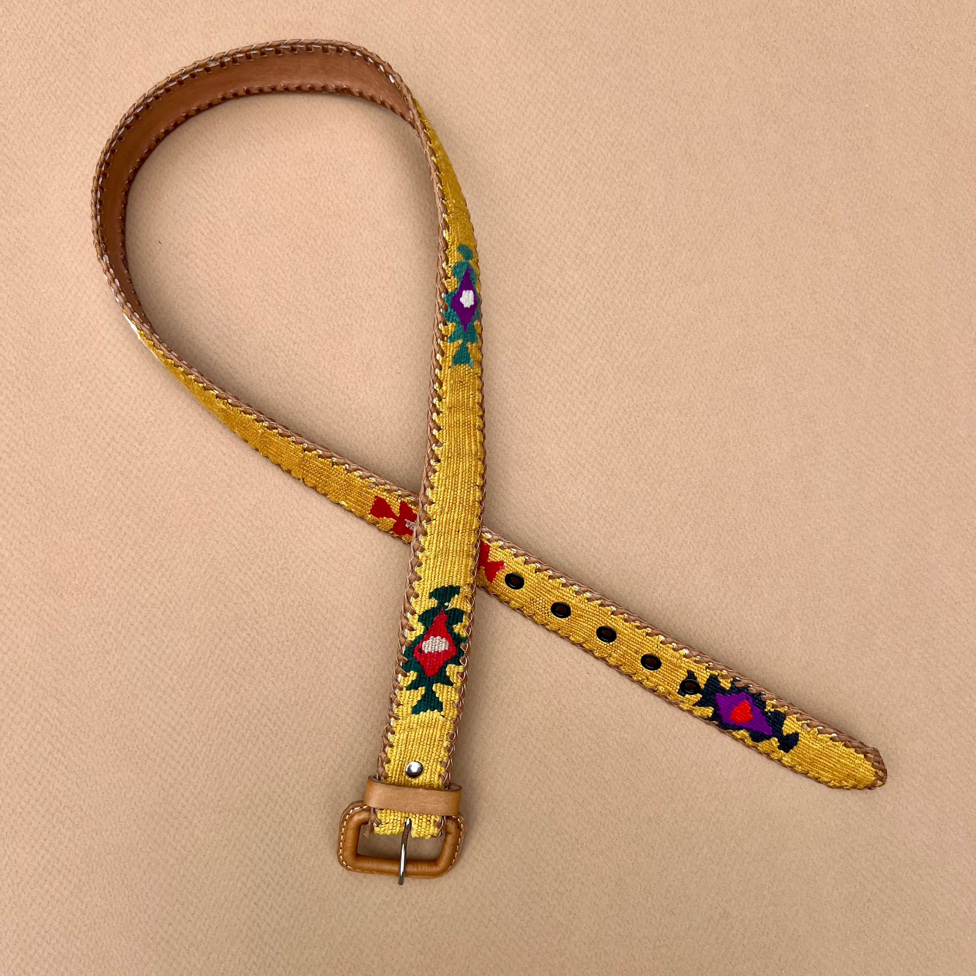 Gold Guatemalan Belt with Whip-Stitched Leather Edges